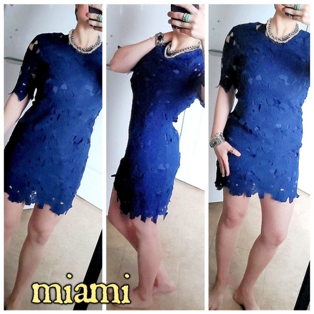 miami by Francesca's Navy Blue Floral Lace Overlay Above-the-knee Sheath Dress - Picture 4 of 16